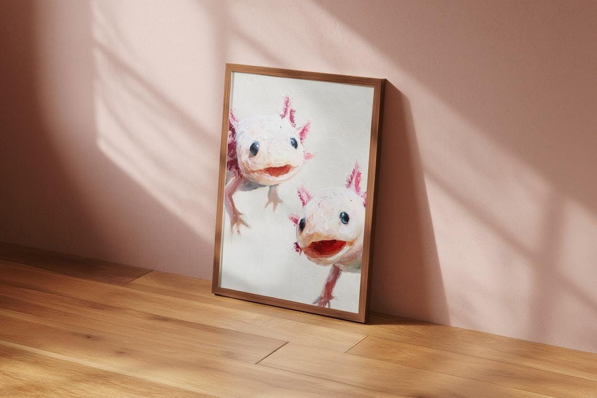 Whimsical Axolotl Oil Painting - Cute Axolotls Art Print - Pink Nursery Wall Art - Impressionist Peeking Animal Fine Art Poster