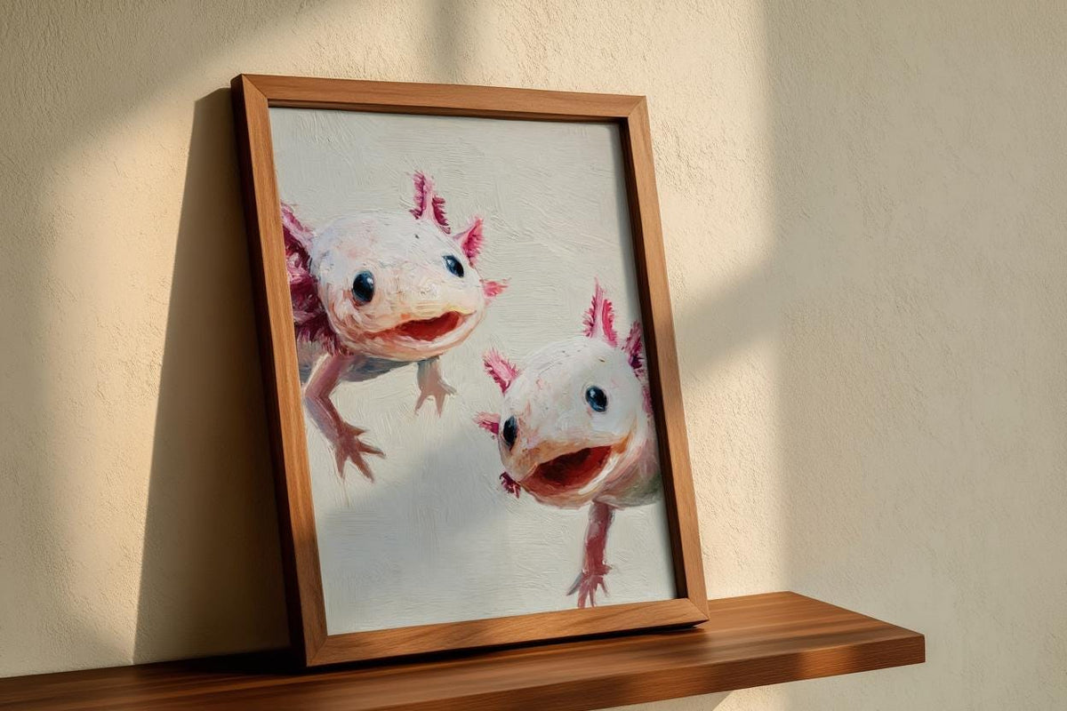 Whimsical Axolotl Oil Painting - Cute Axolotls Art Print - Pink Nursery Wall Art - Impressionist Peeking Animal Fine Art Poster