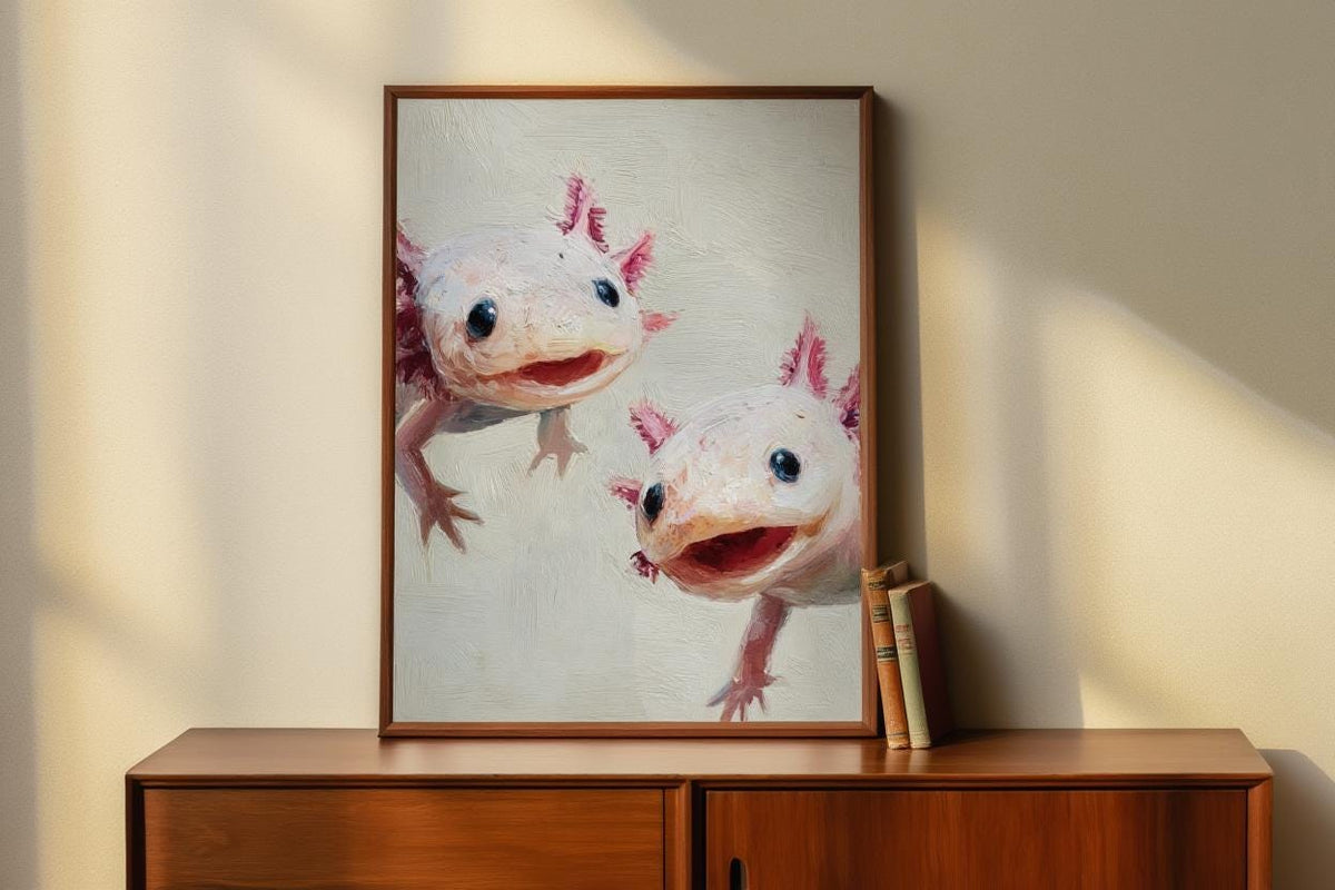 Whimsical Axolotl Oil Painting - Cute Axolotls Art Print - Pink Nursery Wall Art - Impressionist Peeking Animal Fine Art Poster