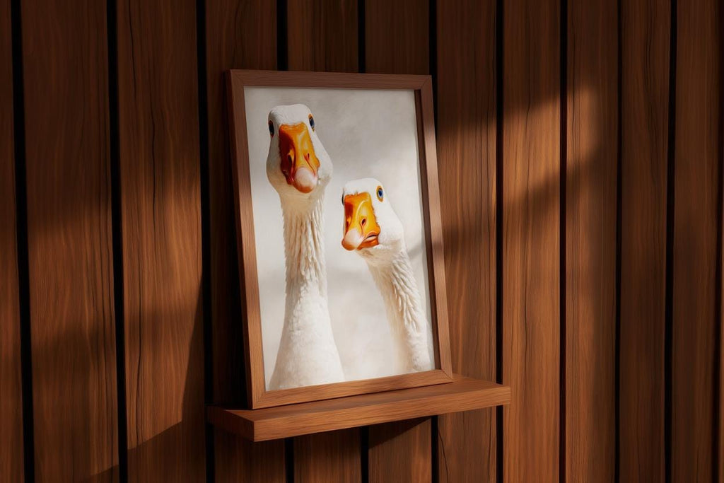 Silly Goose Wall Art, Curious Geese Oil Painting, Whimsical Farmhouse Decor, Peeking Farm Animal Nursery Print, Kitchen Bird Painting