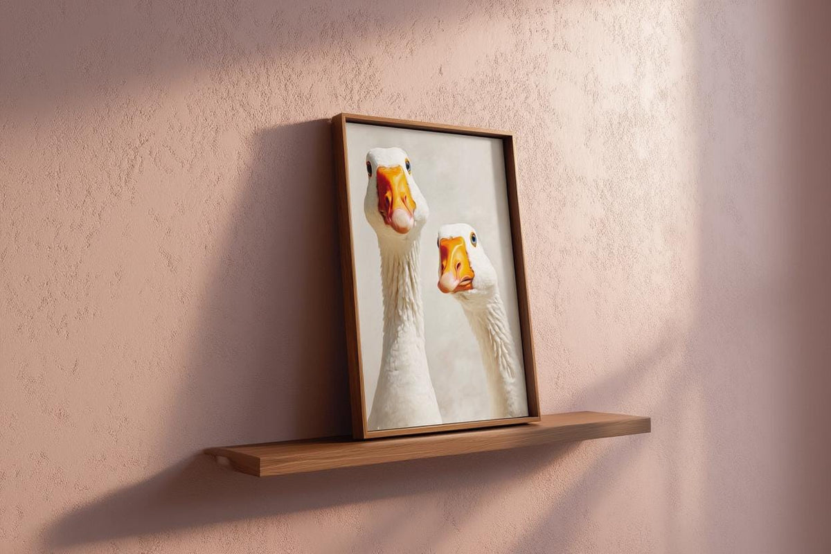 Silly Goose Wall Art, Curious Geese Oil Painting, Whimsical Farmhouse Decor, Peeking Farm Animal Nursery Print, Kitchen Bird Painting