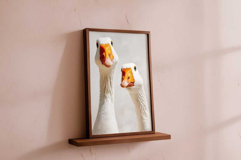 Silly Goose Wall Art, Curious Geese Oil Painting, Whimsical Farmhouse Decor, Peeking Farm Animal Nursery Print, Kitchen Bird Painting