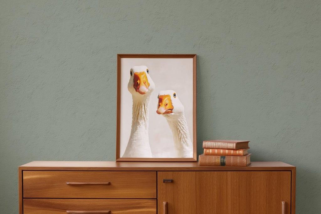 Silly Goose Wall Art, Curious Geese Oil Painting, Whimsical Farmhouse Decor, Peeking Farm Animal Nursery Print, Kitchen Bird Painting