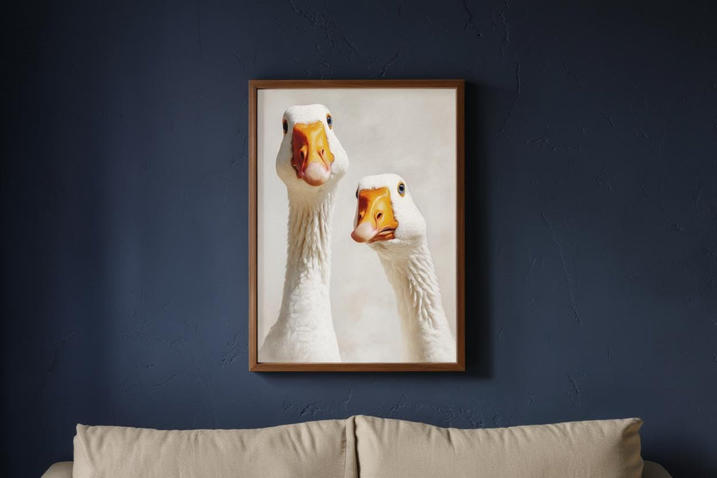 Silly Goose Wall Art, Curious Geese Oil Painting, Whimsical Farmhouse Decor, Peeking Farm Animal Nursery Print, Kitchen Bird Painting