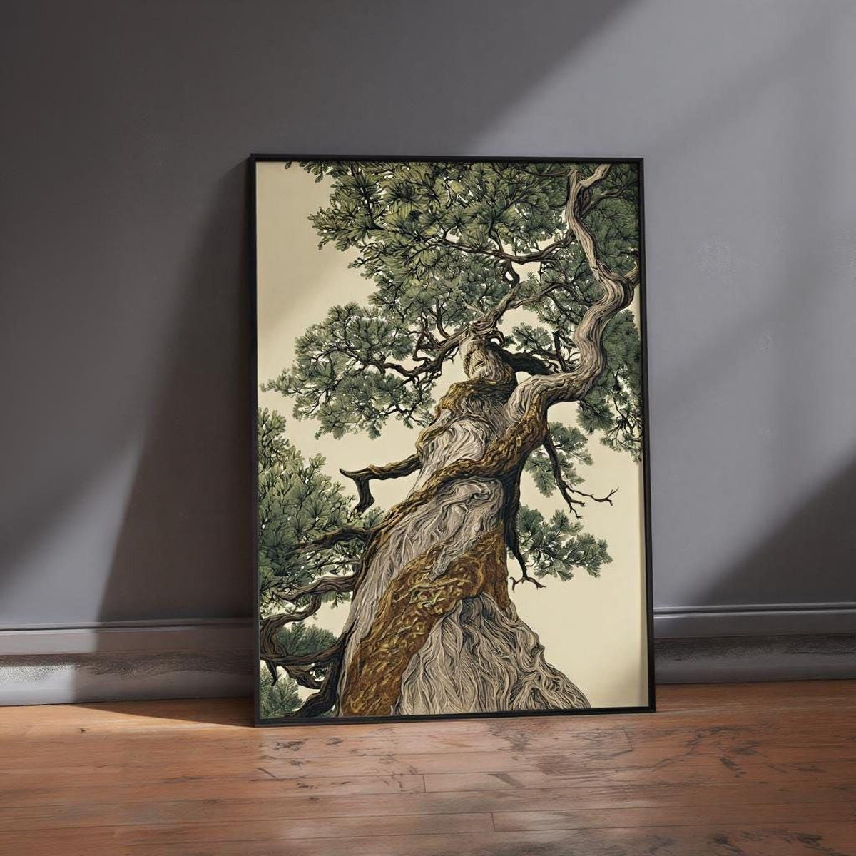 a large, detailed painting of a twisted, gnarled tree trunk with lush green foliage, displayed on a wooden floor against a gray wall.