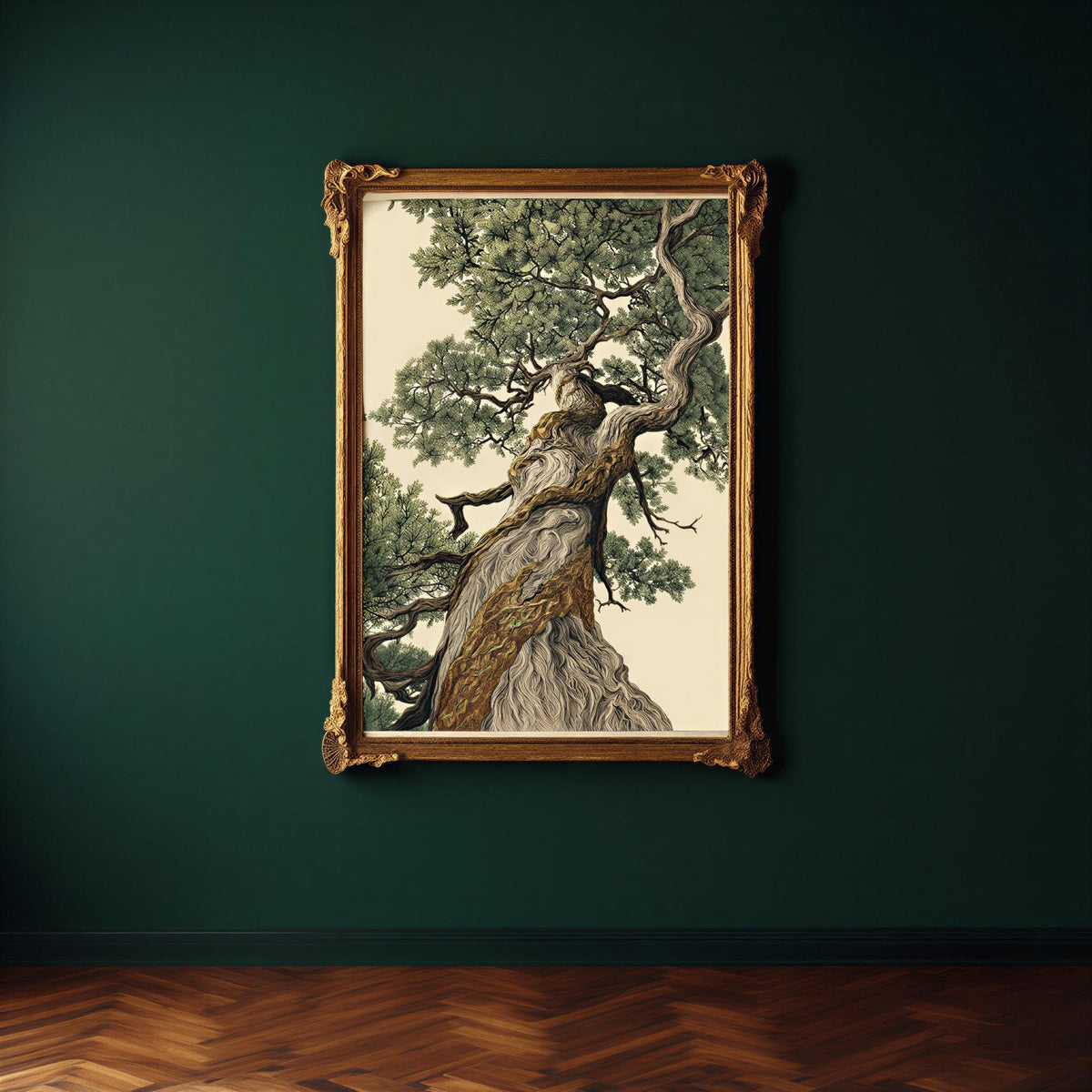 a large, ornate gold frame hanging on a dark green wall, with a painting of a tree inside the frame.