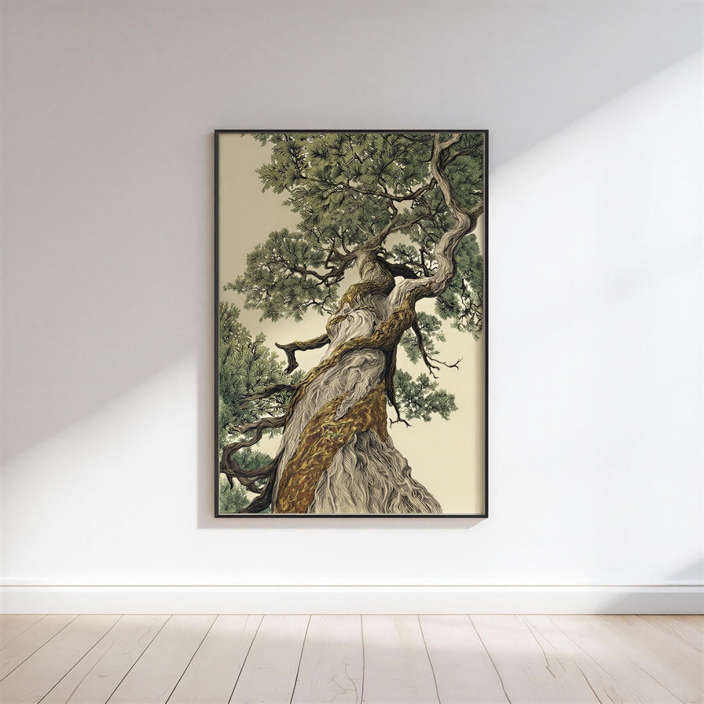 a large, detailed painting of a tree with a thick trunk and numerous branches, hanging on a white wall.