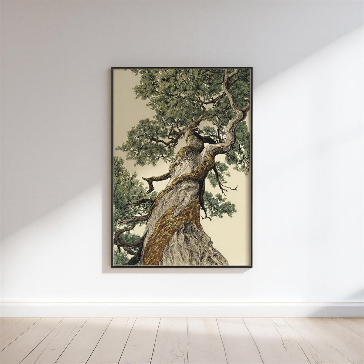 a large, detailed painting of a tree with a thick trunk and numerous branches, hanging on a white wall.