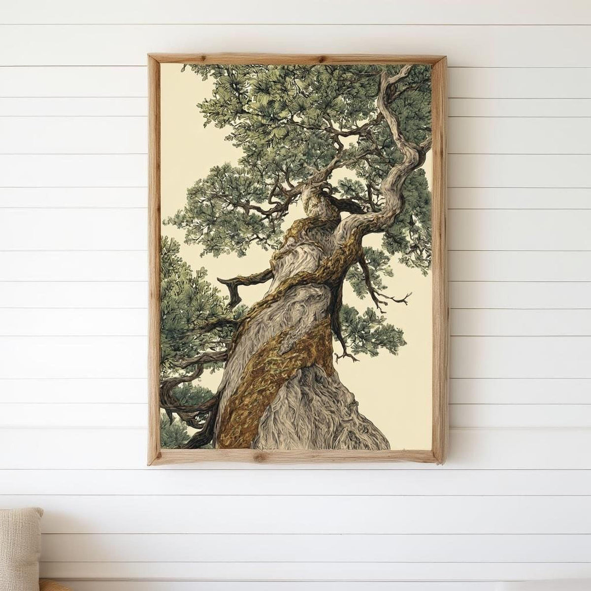 a large, gnarled tree with a twisted trunk and lush green foliage, hanging on a white wall.