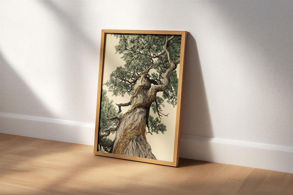 A framed painting of a large, twisted tree with a gnarled trunk and lush green foliage is displayed on a wooden floor against a white wall.