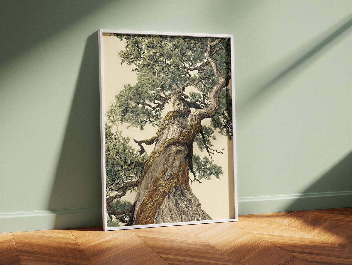 a large, detailed painting of a tree with a thick trunk and numerous branches, displayed on a wooden floor against a green wall.