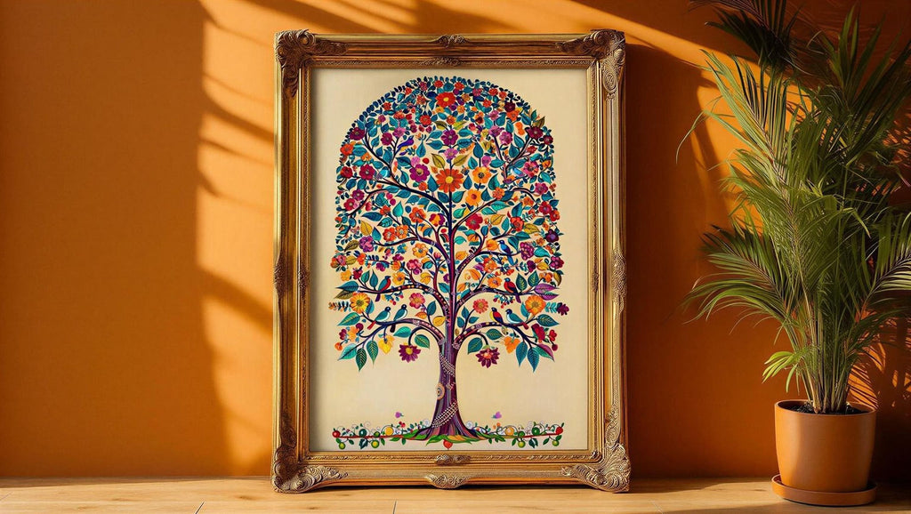 a vibrant, colorful tree with a variety of flowers and leaves, displayed in an ornate gold frame on a wooden surface.