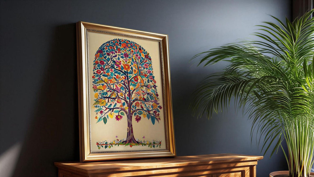a framed painting of a colorful tree with a vibrant and intricate design, displayed on a wooden surface against a dark background.