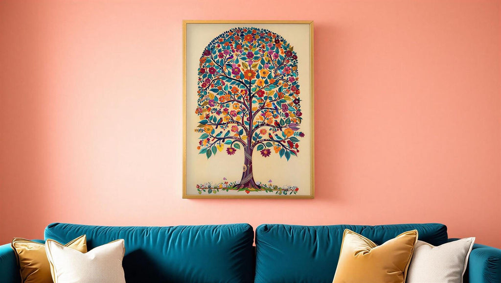 a large, colorful tree painting hanging on a peach-colored wall above a blue couch with gold and white throw pillows.