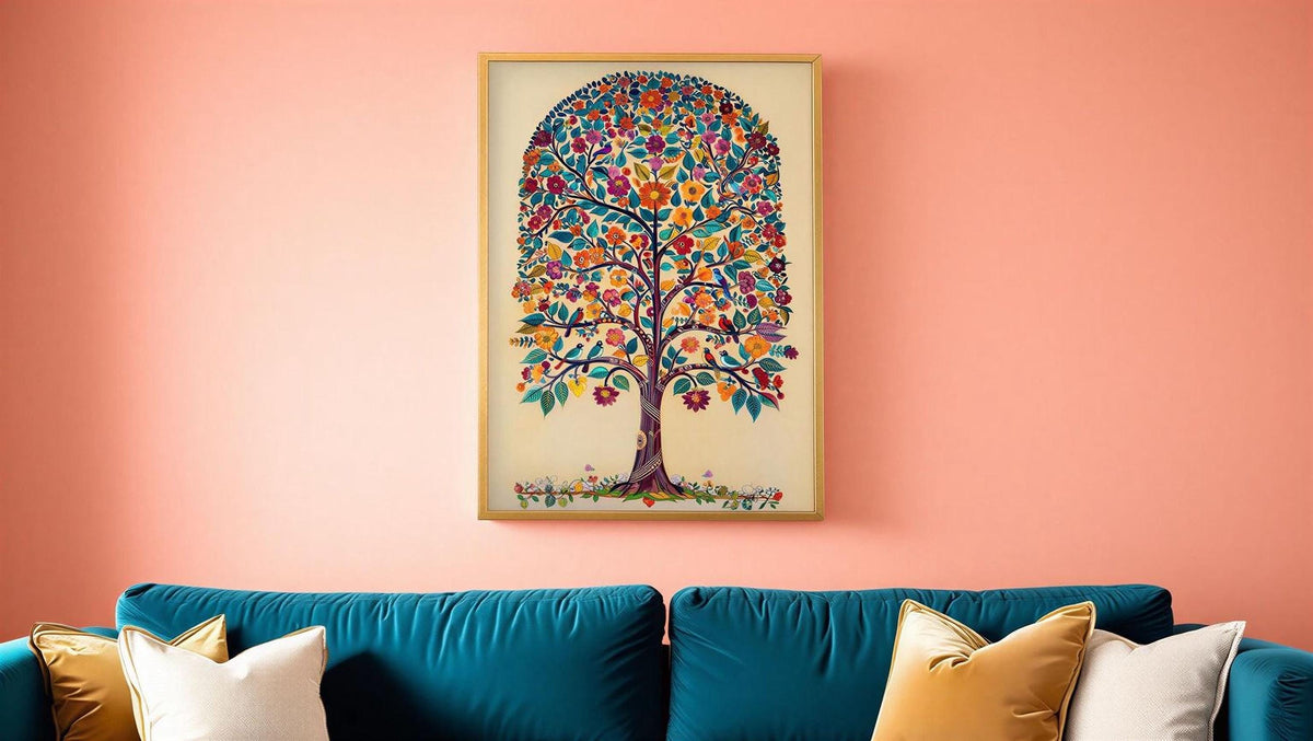 a large, colorful tree painting hanging on a peach-colored wall above a blue couch with gold and white throw pillows.