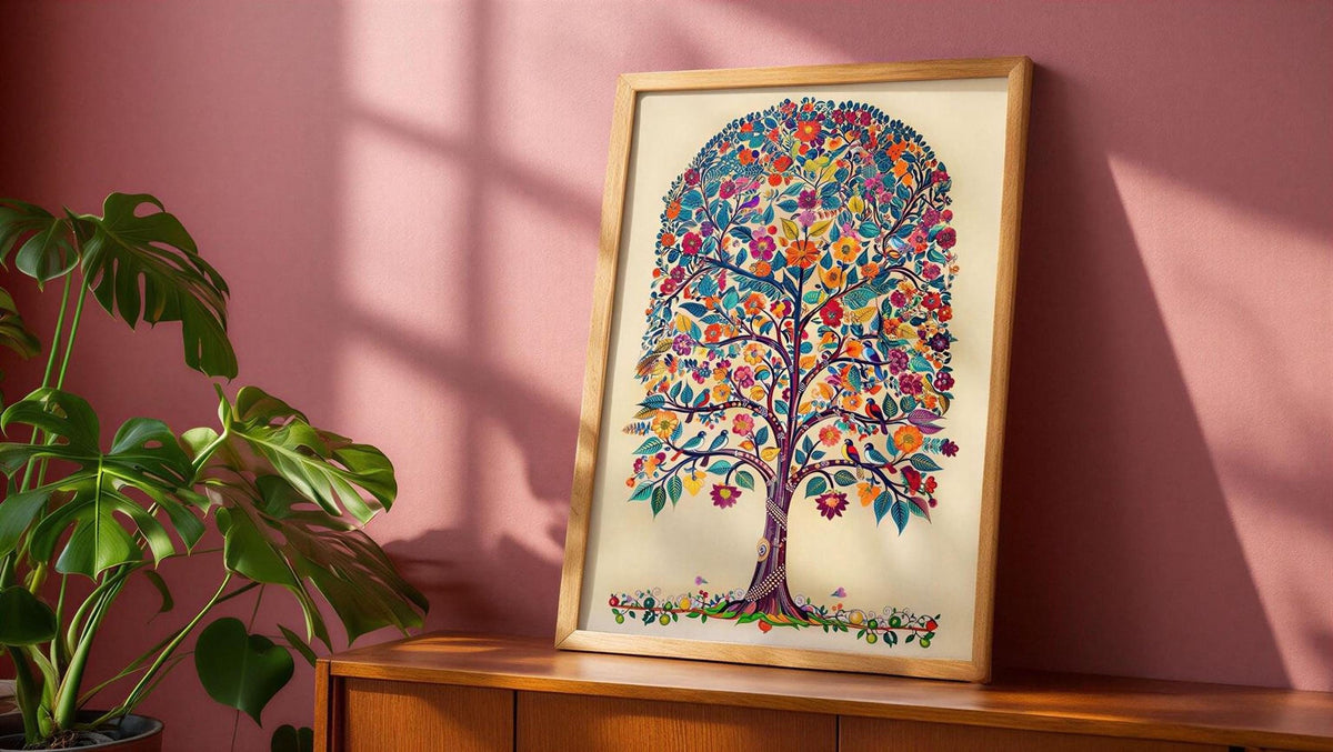 a vibrant, colorful tree painting displayed on a wooden shelf, with a potted plant to the left.