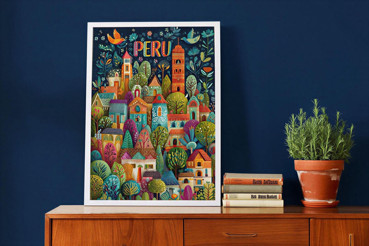 a vibrant poster of a colorful cityscape of Peru, with various buildings, trees, and birds, displayed on a wooden cabinet or dresser. Next to the poster, there is a stack of books and a potted plant, creating a cozy and artistic atmosphere.