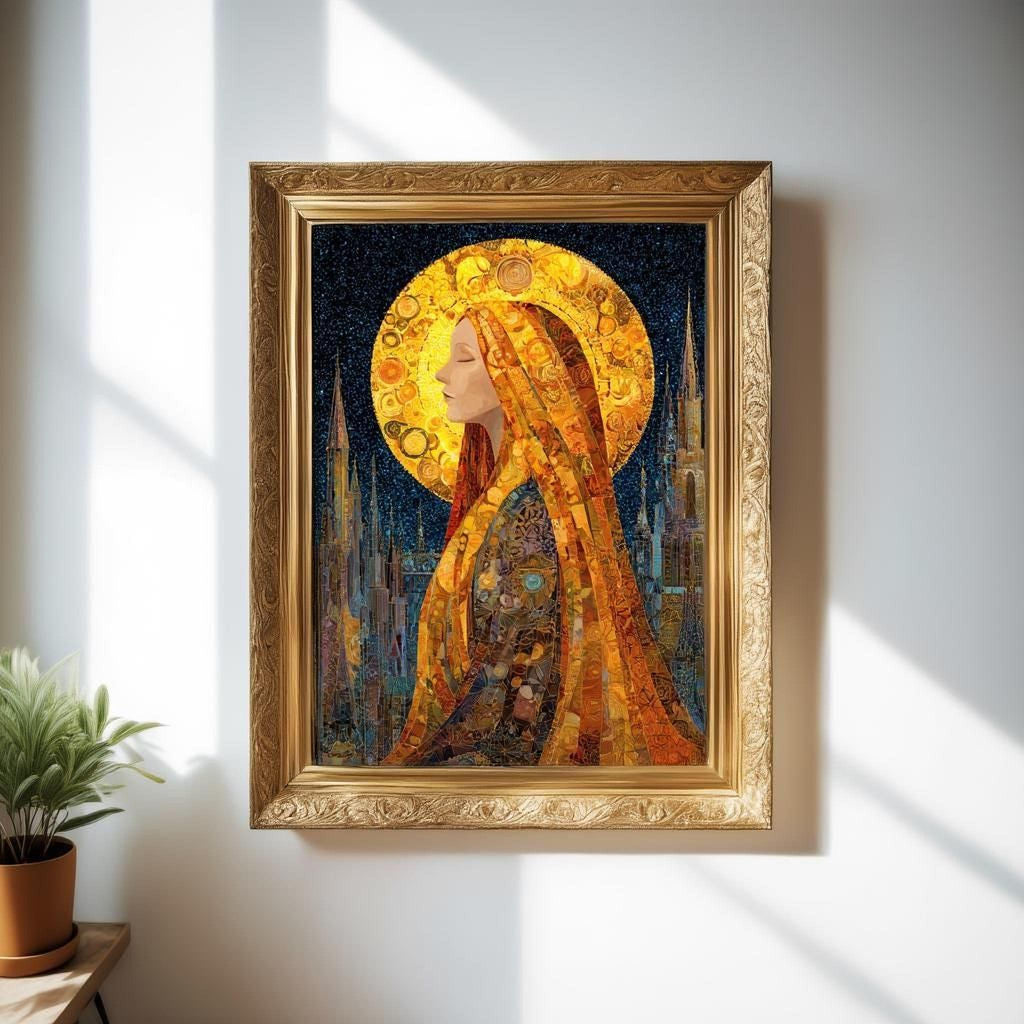 a framed painting of a woman with a golden headdress, surrounded by a night sky with a large, glowing moon.