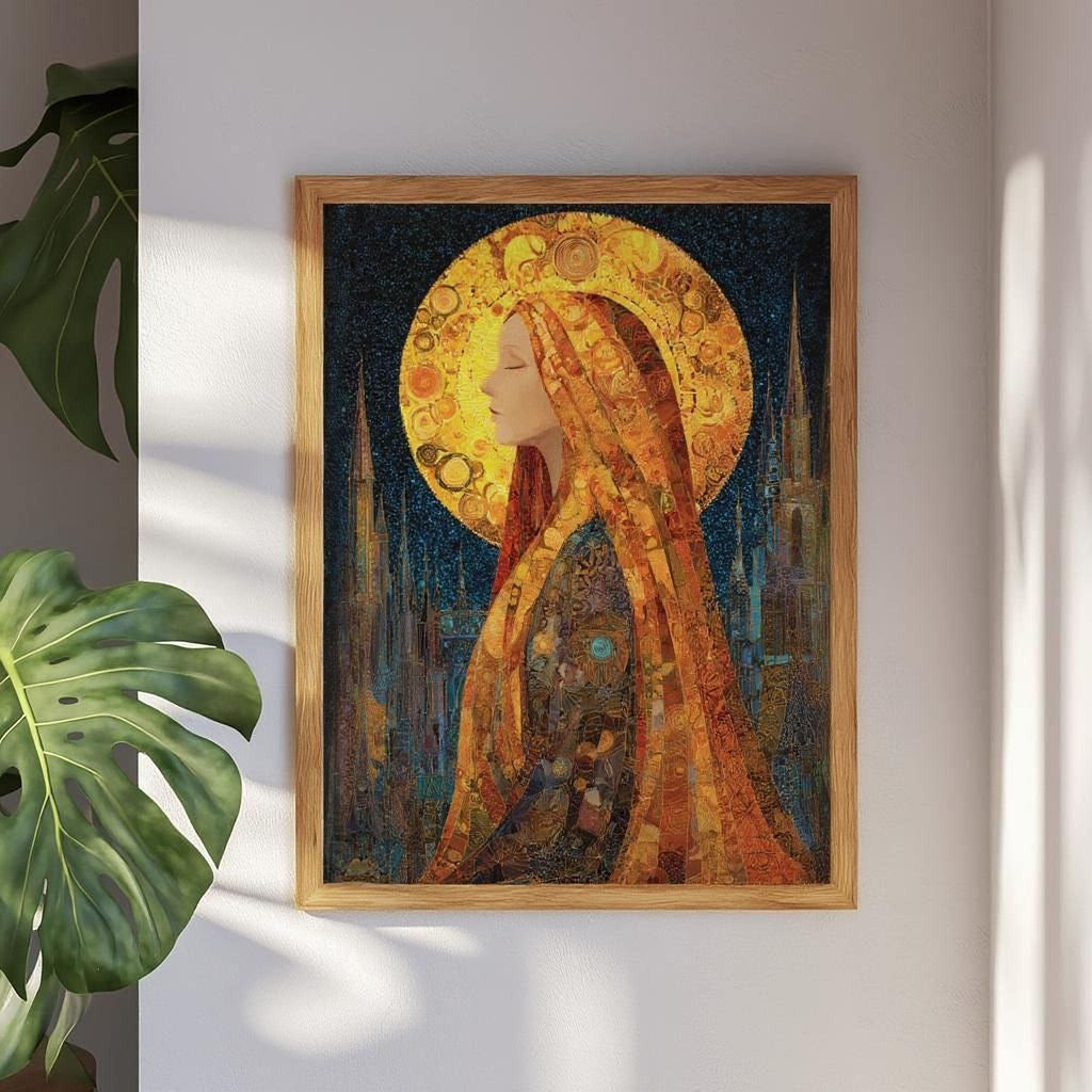 The image is a framed painting depicting a woman with long, flowing hair and a golden headdress, set against a night sky with a large, glowing moon.
