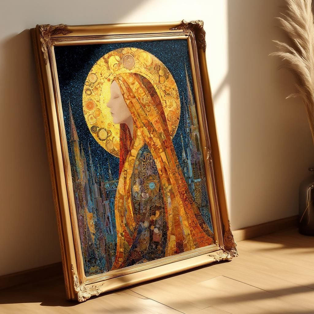 a framed painting of a woman with long, flowing hair and a golden halo, set against a night sky background with a crescent moon.