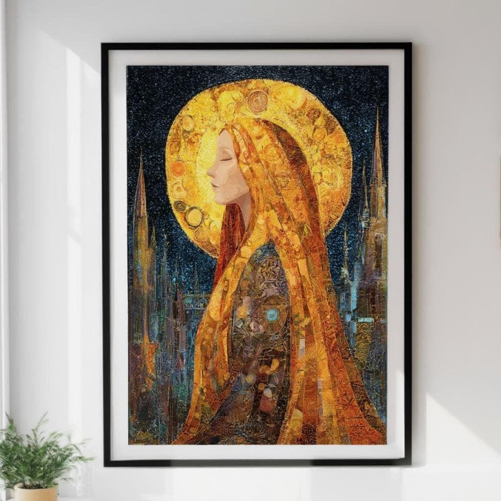 The image is a framed painting depicting a woman with a golden headdress, surrounded by a night sky with a large, glowing moon.