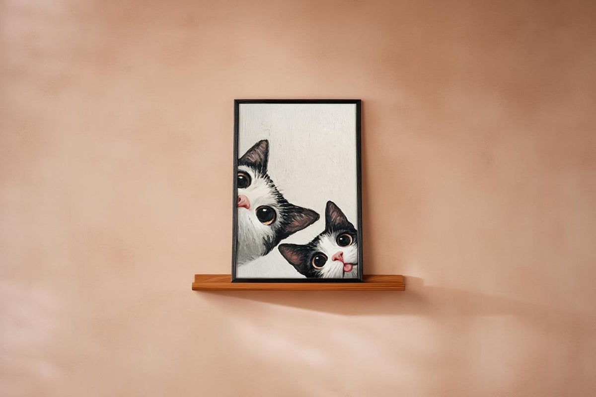 Baby Cat Wall Art, Funny Tuxedo Kitten Painting, Peeking Kitty Print, Minimalist Nursery Pet Portrait, Quirky Black & White Whimsical Decor