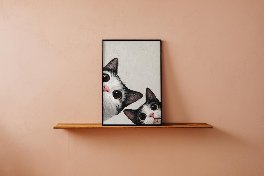 Baby Cat Wall Art, Funny Tuxedo Kitten Painting, Peeking Kitty Print, Minimalist Nursery Pet Portrait, Quirky Black & White Whimsical Decor