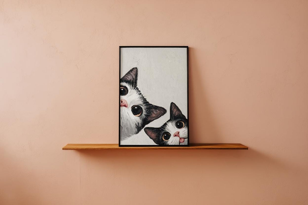 Baby Cat Wall Art, Funny Tuxedo Kitten Painting, Peeking Kitty Print, Minimalist Nursery Pet Portrait, Quirky Black & White Whimsical Decor