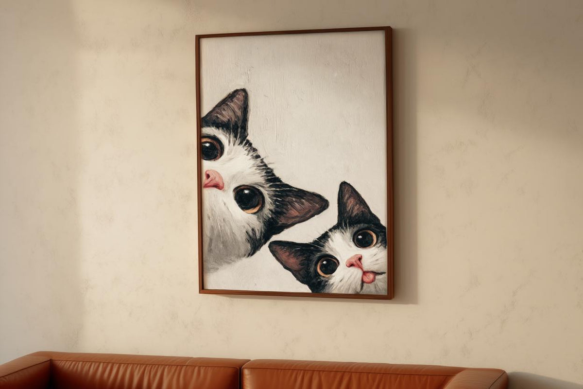 Baby Cat Wall Art, Funny Tuxedo Kitten Painting, Peeking Kitty Print, Minimalist Nursery Pet Portrait, Quirky Black & White Whimsical Decor