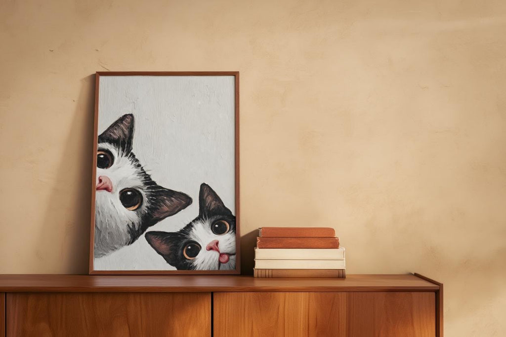 Baby Cat Wall Art, Funny Tuxedo Kitten Painting, Peeking Kitty Print, Minimalist Nursery Pet Portrait, Quirky Black & White Whimsical Decor
