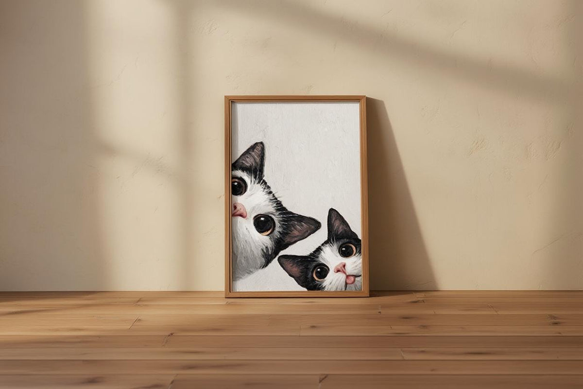Baby Cat Wall Art, Funny Tuxedo Kitten Painting, Peeking Kitty Print, Minimalist Nursery Pet Portrait, Quirky Black & White Whimsical Decor