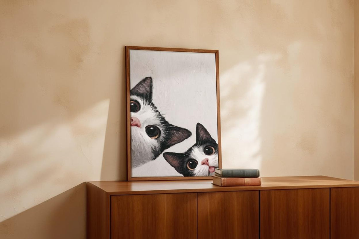 Baby Cat Wall Art, Funny Tuxedo Kitten Painting, Peeking Kitty Print, Minimalist Nursery Pet Portrait, Quirky Black & White Whimsical Decor