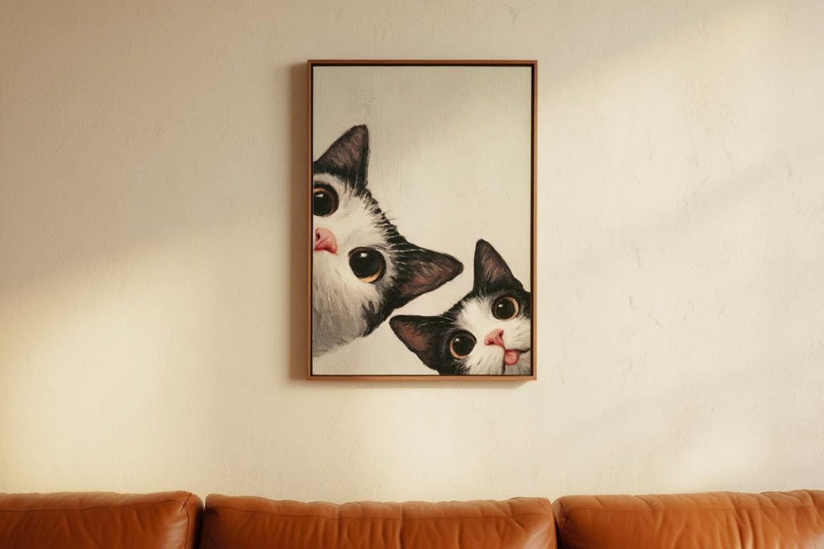 Baby Cat Wall Art, Funny Tuxedo Kitten Painting, Peeking Kitty Print, Minimalist Nursery Pet Portrait, Quirky Black & White Whimsical Decor