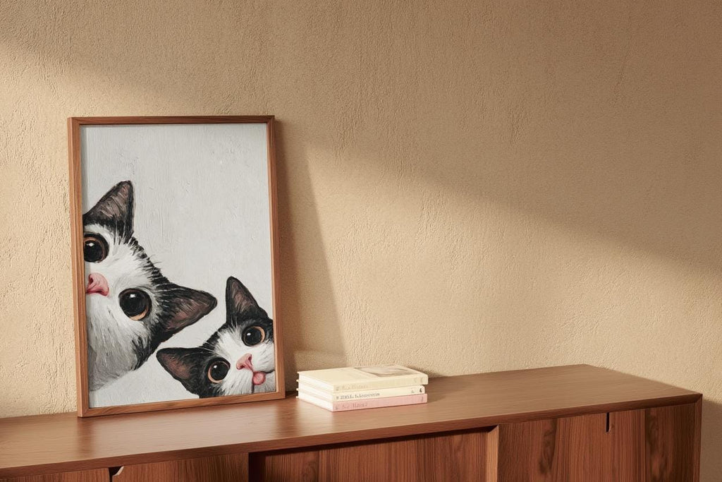 Baby Cat Wall Art, Funny Tuxedo Kitten Painting, Peeking Kitty Print, Minimalist Nursery Pet Portrait, Quirky Black & White Whimsical Decor