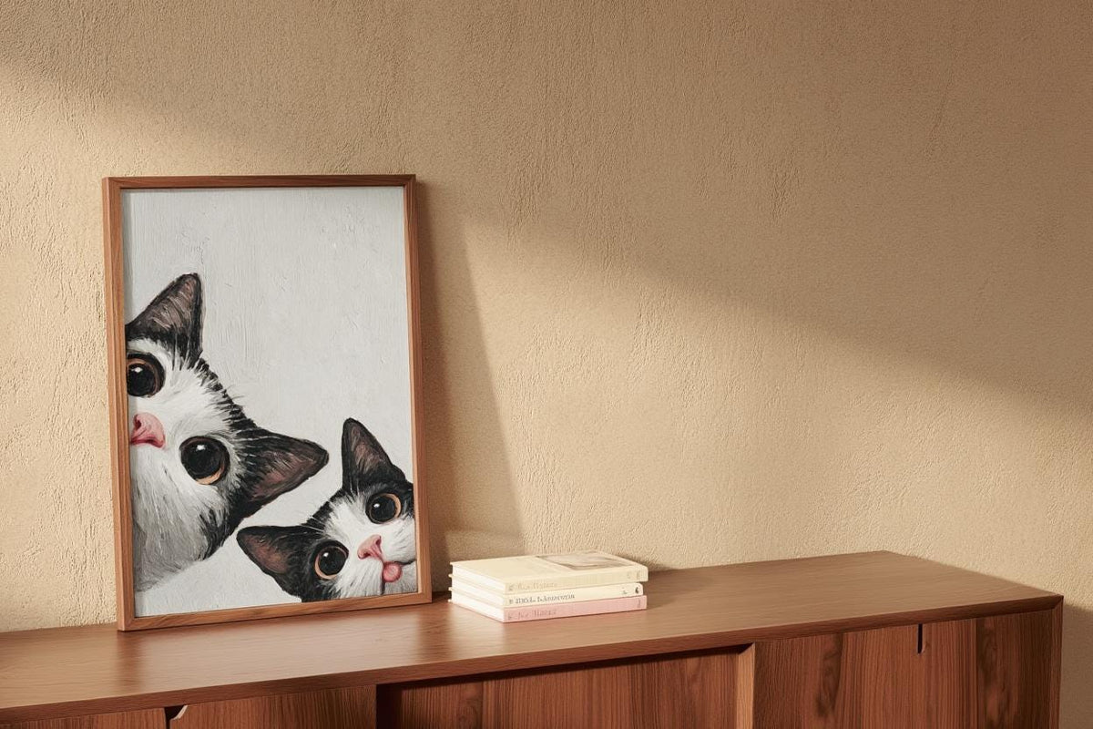 Baby Cat Wall Art, Funny Tuxedo Kitten Painting, Peeking Kitty Print, Minimalist Nursery Pet Portrait, Quirky Black & White Whimsical Decor
