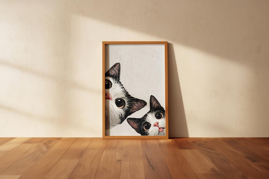 Baby Cat Wall Art, Funny Tuxedo Kitten Painting, Peeking Kitty Print, Minimalist Nursery Pet Portrait, Quirky Black & White Whimsical Decor