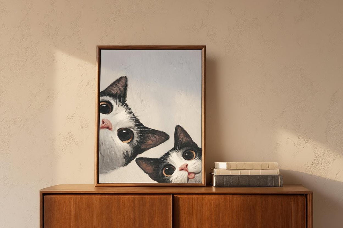 Baby Cat Wall Art, Funny Tuxedo Kitten Painting, Peeking Kitty Print, Minimalist Nursery Pet Portrait, Quirky Black & White Whimsical Decor