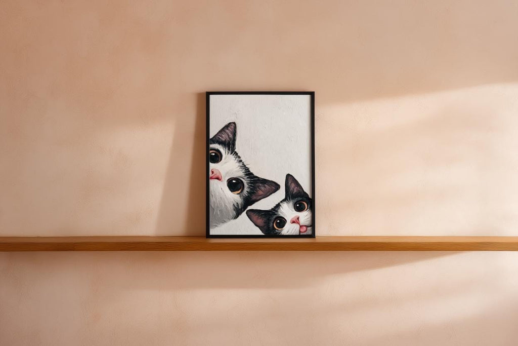 Baby Cat Wall Art, Funny Tuxedo Kitten Painting, Peeking Kitty Print, Minimalist Nursery Pet Portrait, Quirky Black & White Whimsical Decor