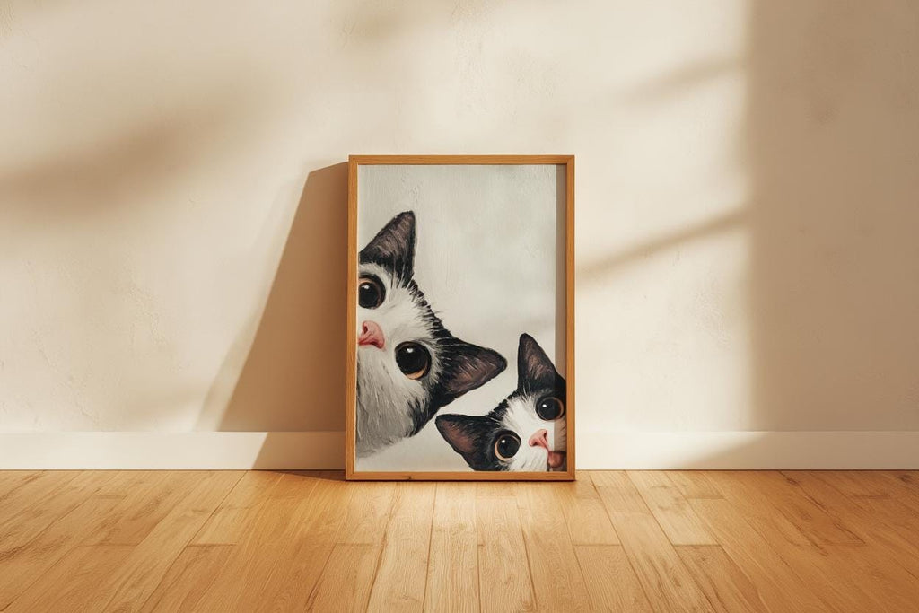 Baby Cat Wall Art, Funny Tuxedo Kitten Painting, Peeking Kitty Print, Minimalist Nursery Pet Portrait, Quirky Black & White Whimsical Decor