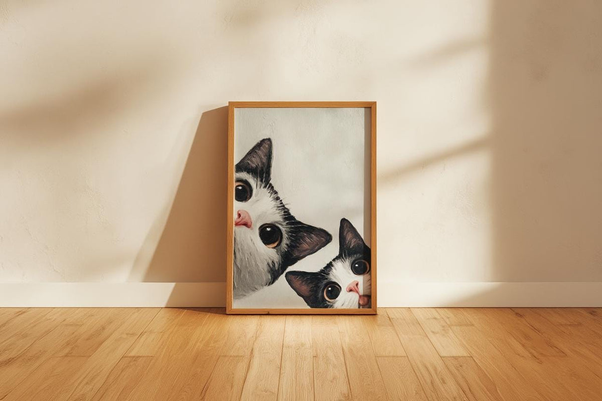Baby Cat Wall Art, Funny Tuxedo Kitten Painting, Peeking Kitty Print, Minimalist Nursery Pet Portrait, Quirky Black & White Whimsical Decor