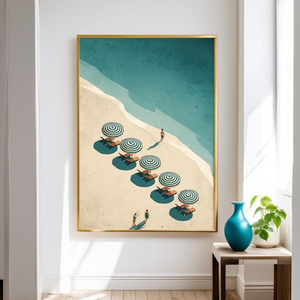 a beach scene with a group of beach umbrellas and lounge chairs, along with a person walking on the beach.