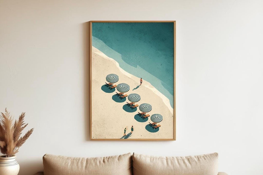 A framed illustration of a beach scene with a line of beach umbrellas and people walking along the shoreline.