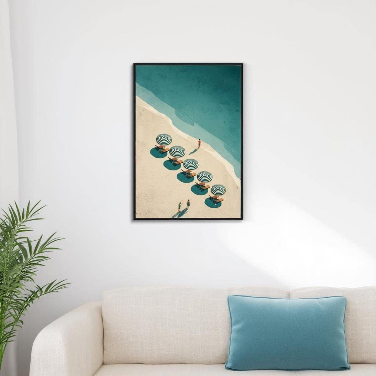 a beach scene with a row of colorful umbrellas on the sand, creating a vibrant and relaxing atmosphere.