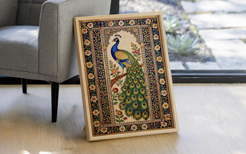 A framed painting of a peacock is displayed on a wooden floor next to a gray armchair.