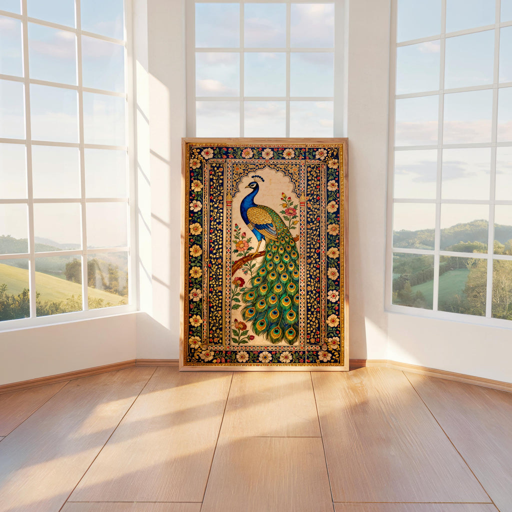 a large, ornate painting of a peacock, displayed in a room with large windows that provide a scenic view of the outdoors.