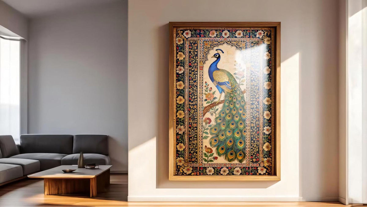 a large, ornate painting of a peacock displayed on a wall in a living room.