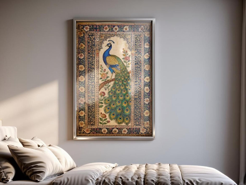 a large framed painting of a peacock on a wall in a bedroom.