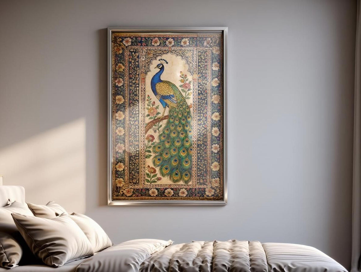 a large framed painting of a peacock on a wall in a bedroom.