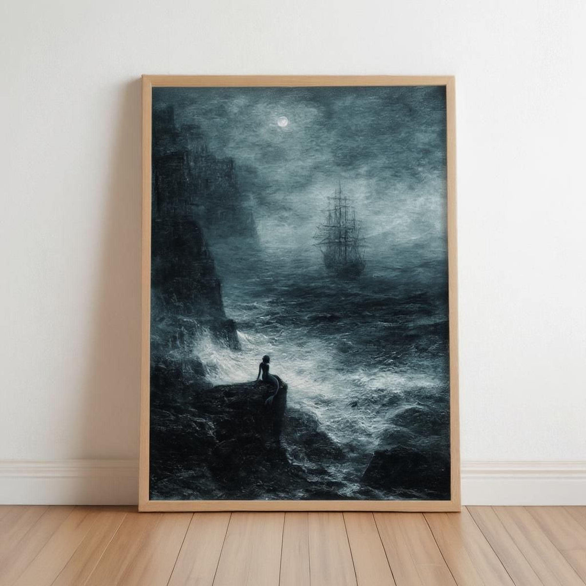 The image is a painting depicting a ship sailing through a stormy sea, with a lone figure standing on a cliff overlooking the turbulent waters.