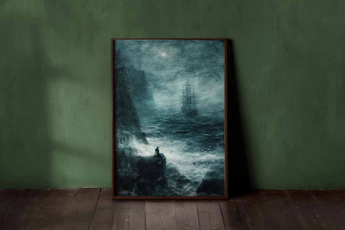 a person standing on a cliff, overlooking a ship in the distance, with a stormy sea below.